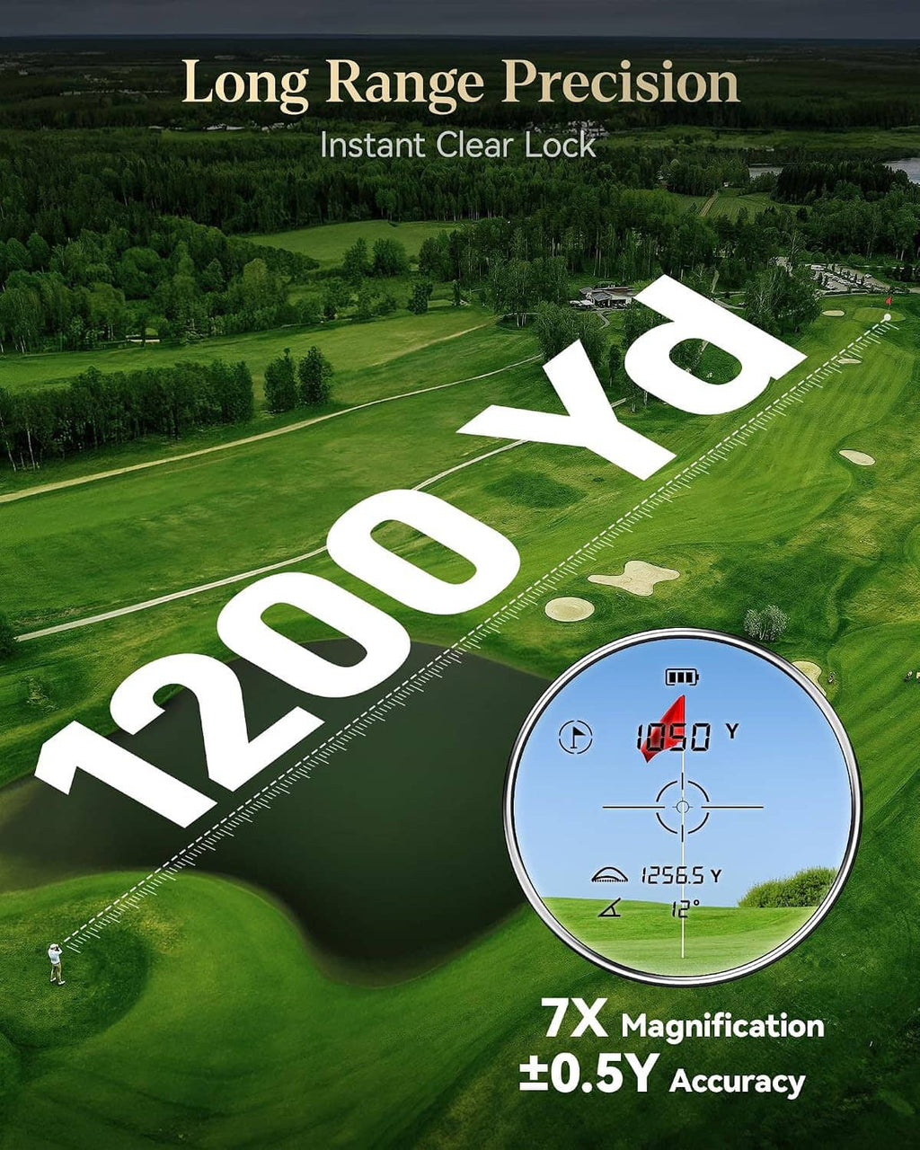 Golf laser rangefinder display showing distance reading, 7x magnification and ±0.5Y accuracy
