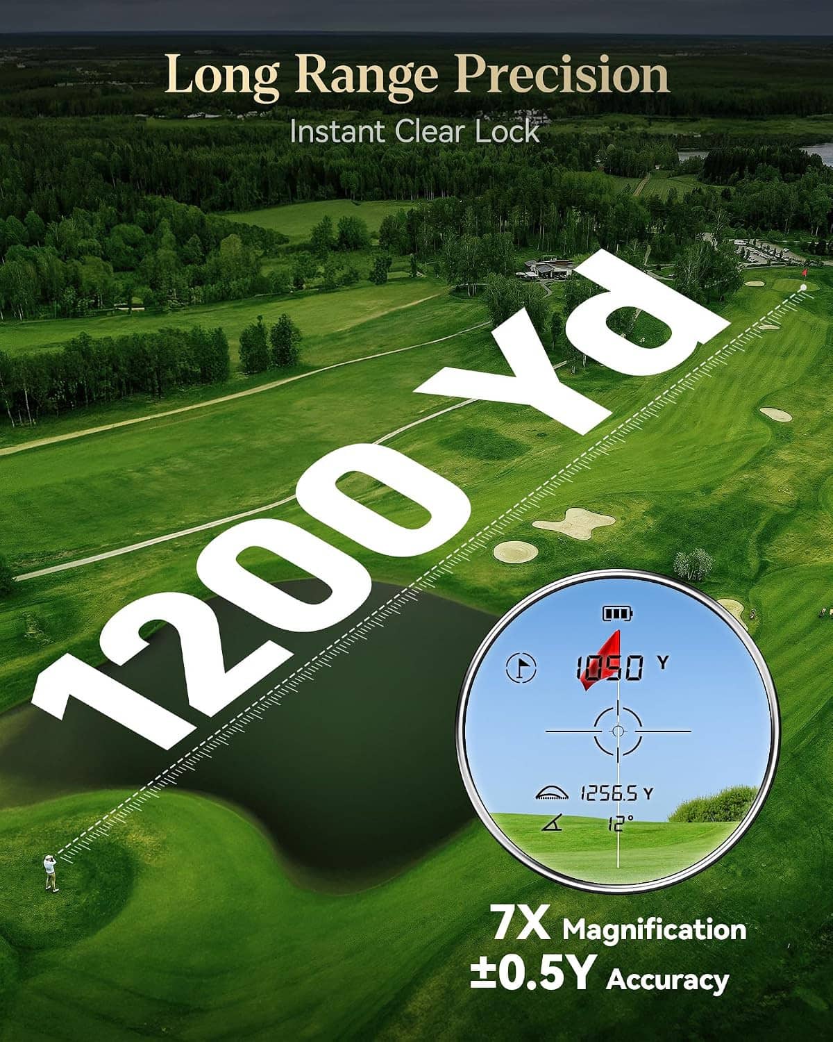 Golf laser rangefinder display showing distance reading, 7x magnification and ±0.5Y accuracy