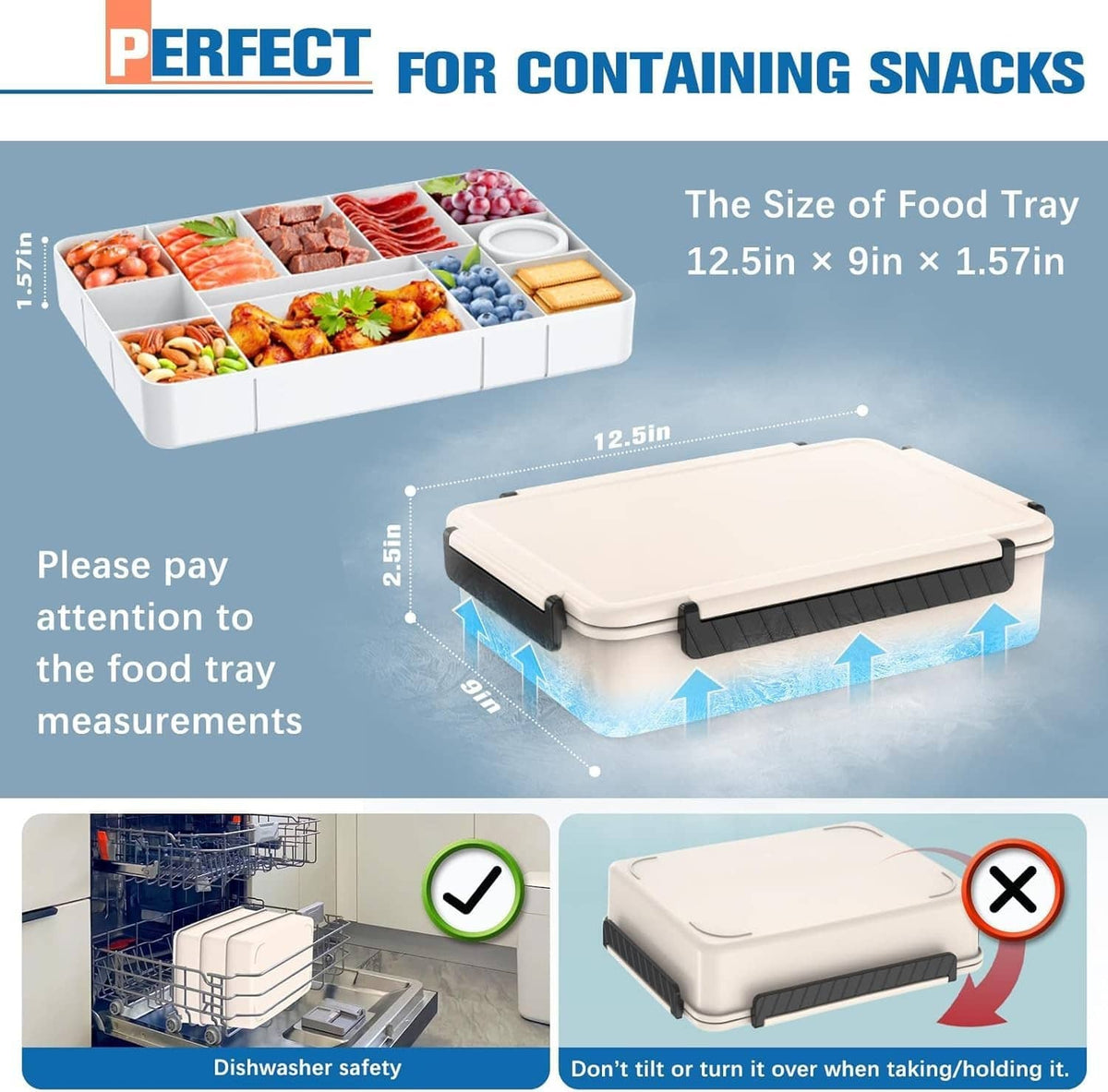 Cream snack box with open lid and white divider trays, compact portable cooler