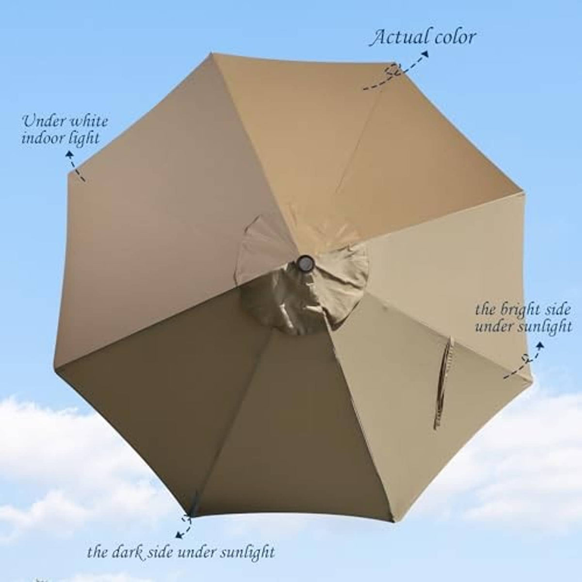 Tan market umbrella replacement canopy with central hub and multi-panel fabric