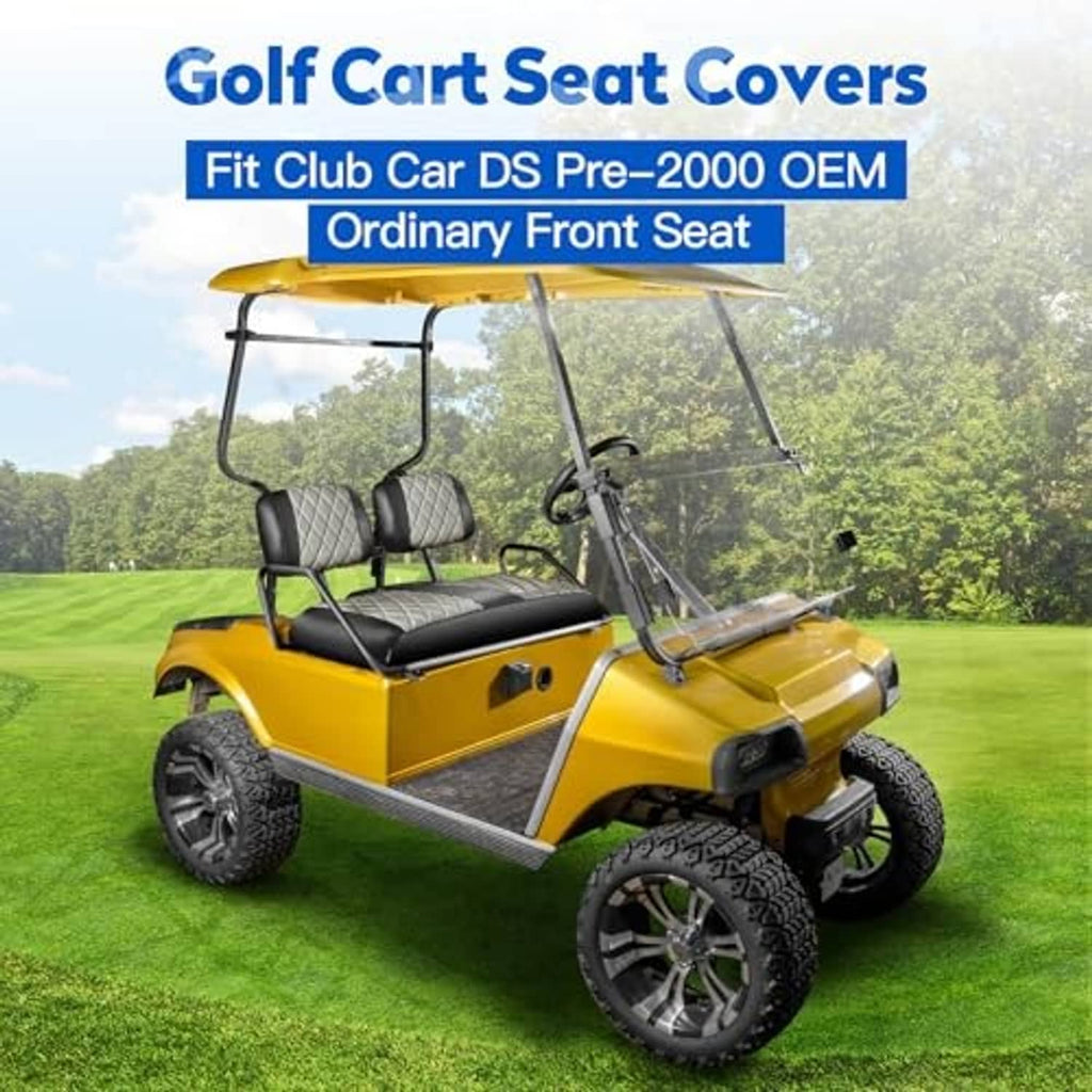 Golf cart with installed gray diamond-quilted seat covers and black headrest trim