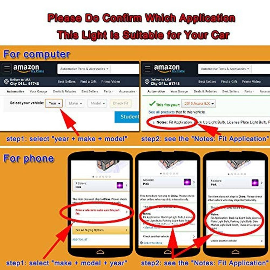 LED bulb fitment guide screenshots for choosing vehicle year, make, and model