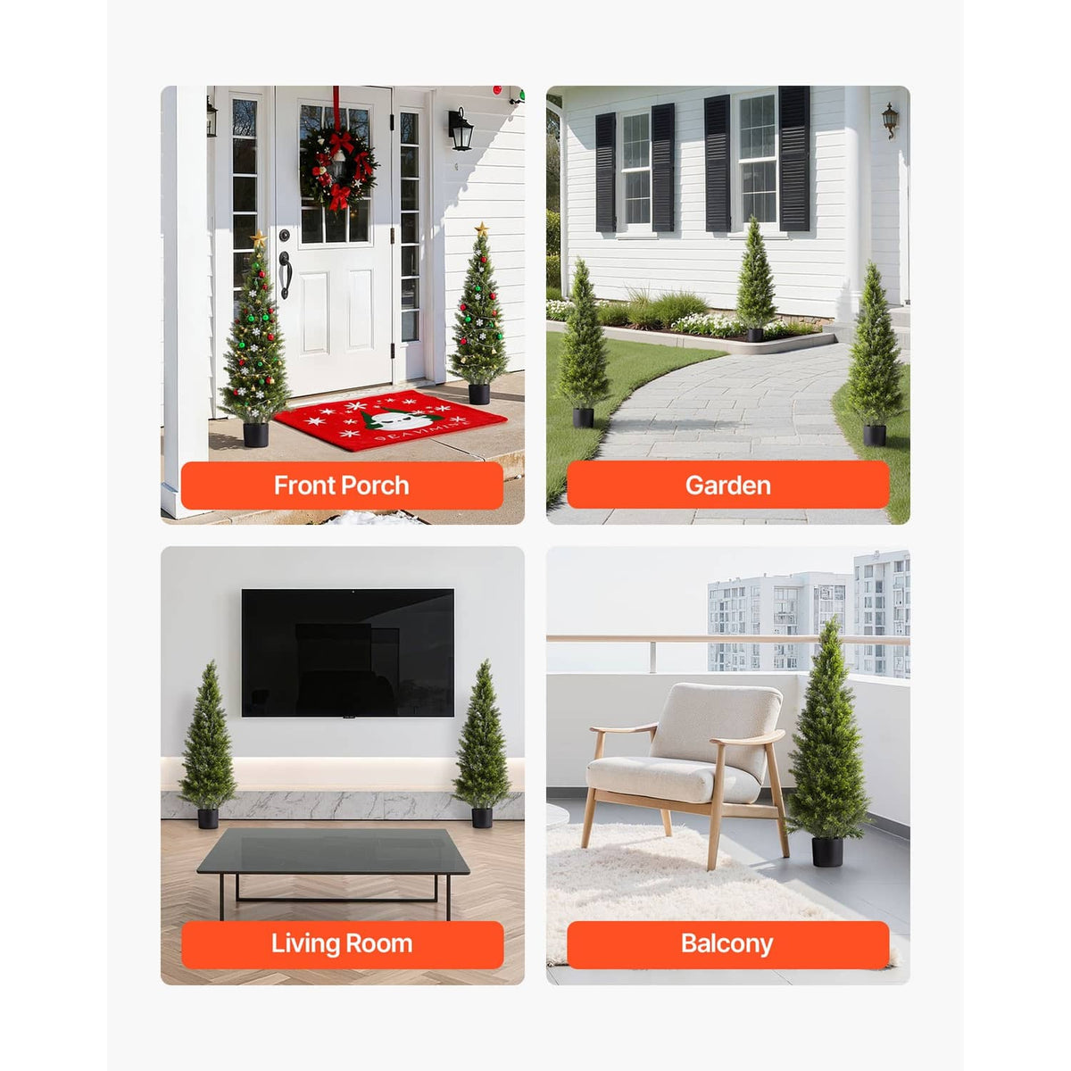 Collection of four artificial cedar-style topiary trees in black planters, upright green cones