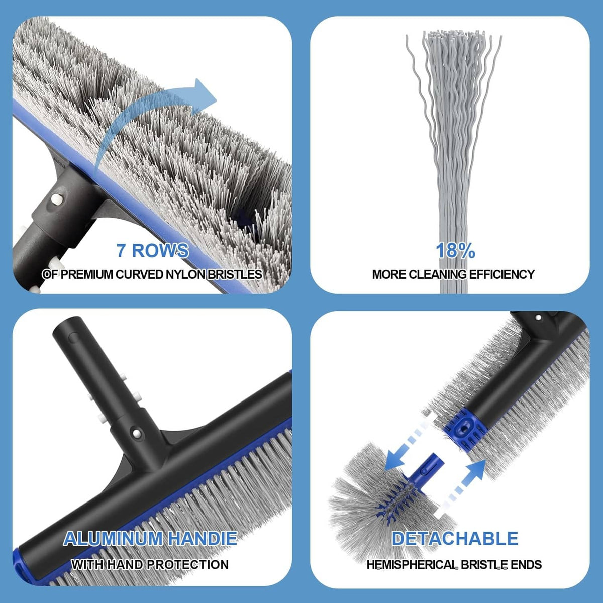 Blue pool brush head detail with detachable hemispherical nylon bristle ends