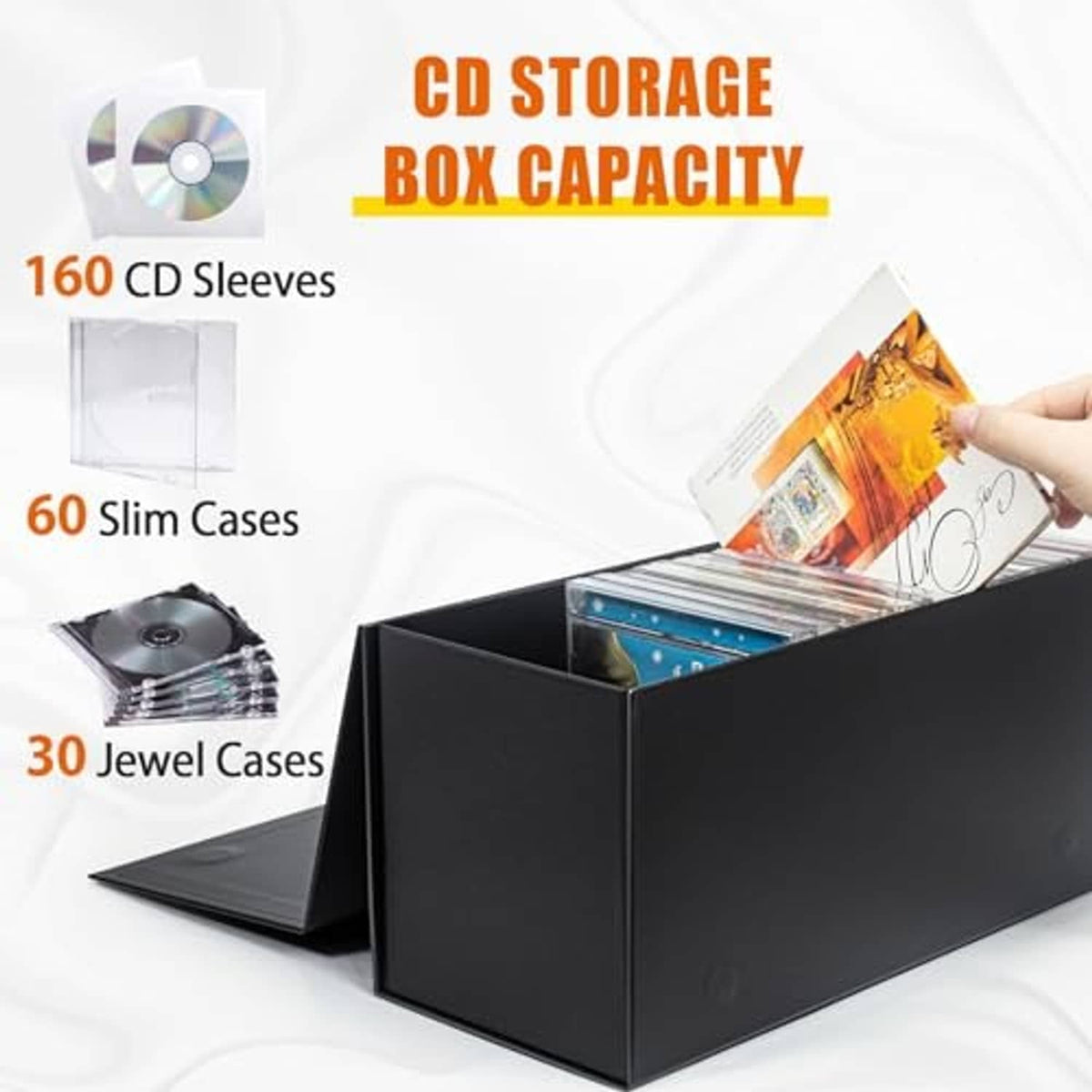 Black CD/DVD storage box with open top, holding several CDs and slim cases