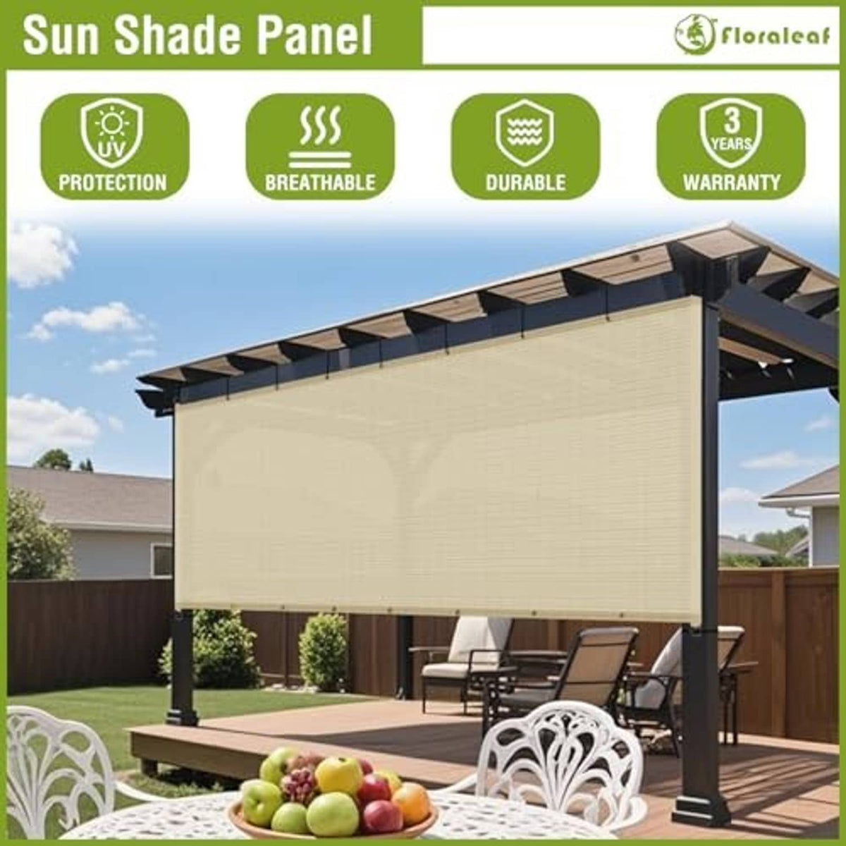 Beige pergola shade cover canopy panel with black legs and roof beams