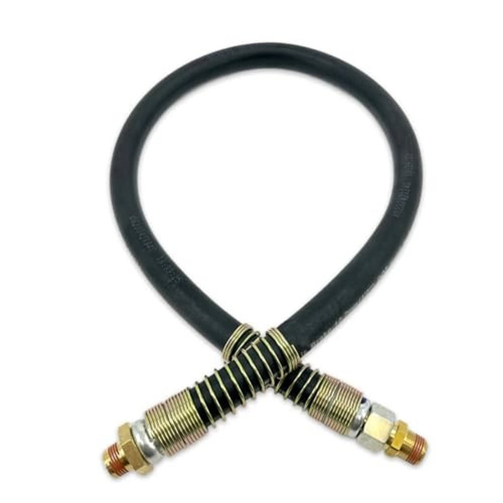 Black rubber air brake hose line with dual threaded brass end fittings