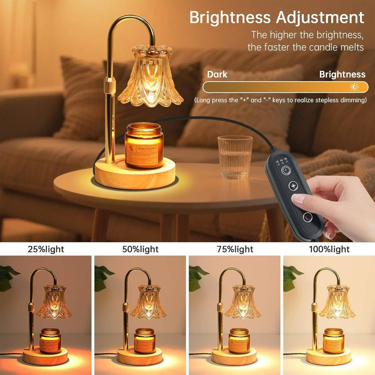 Electric candle warmer lamp with amber glass shade, candle jar, and dimmer remote control.