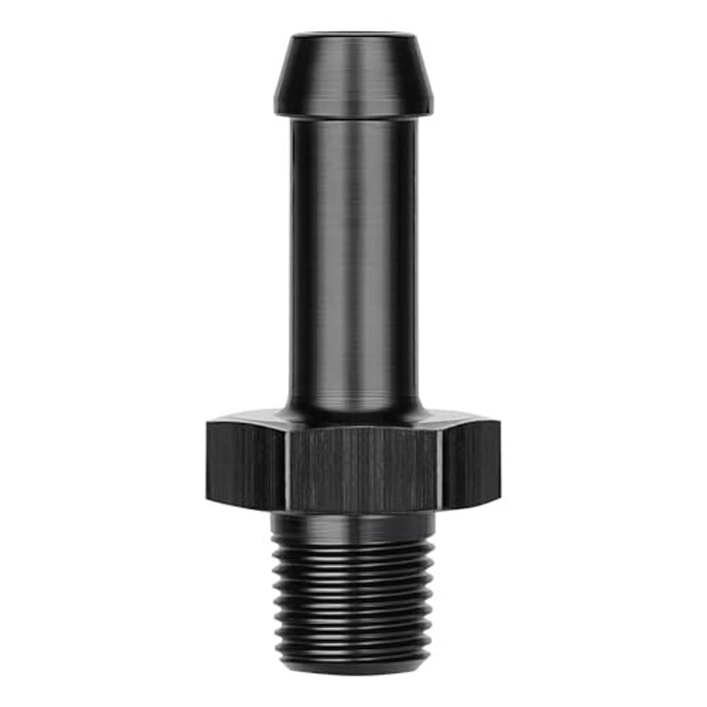 Black straight fitting adapter with top barbed tube end and 1/8 NPT male threads