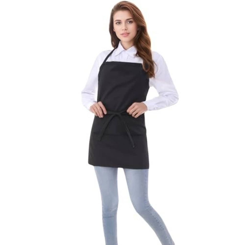 Black cotton short apron with 3 pockets and front waist tie, worn over a shirt.