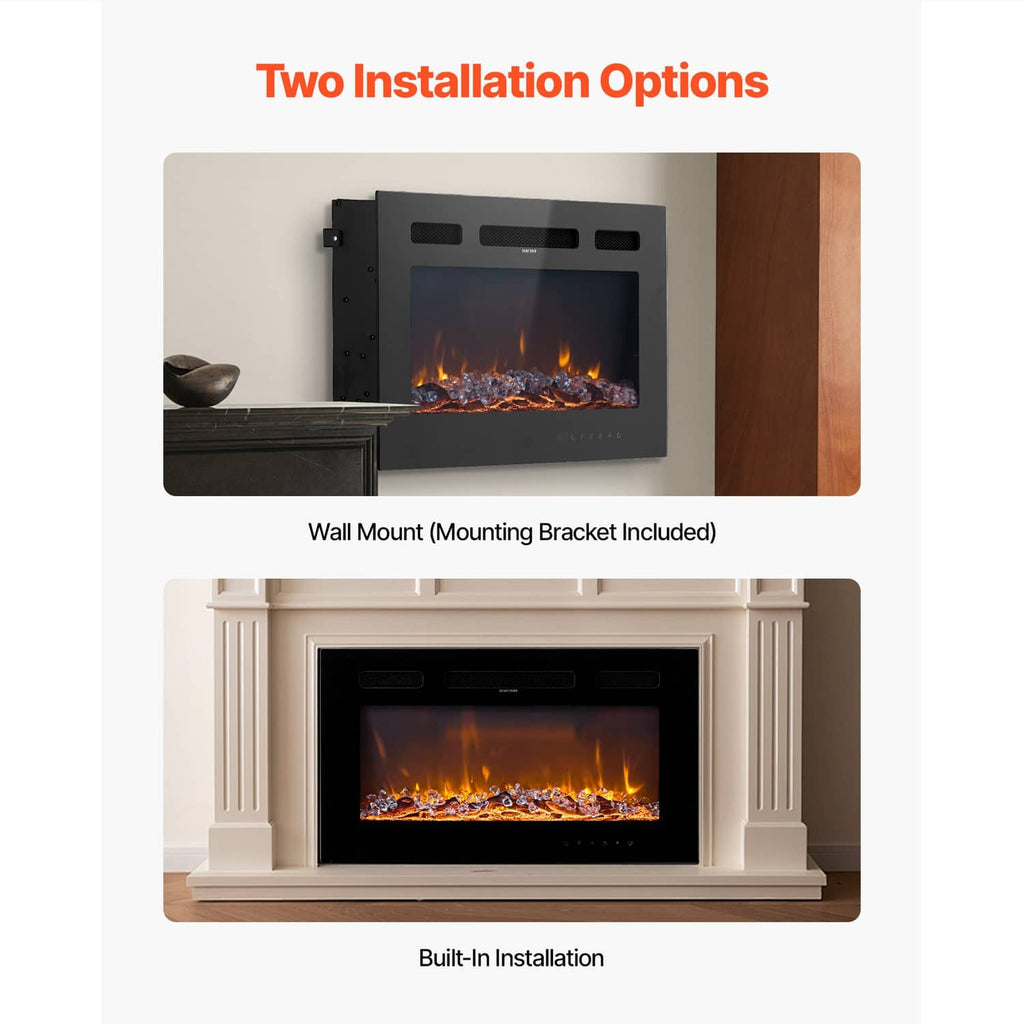 Electric fireplace with two installation options: wall mount and built-in recess