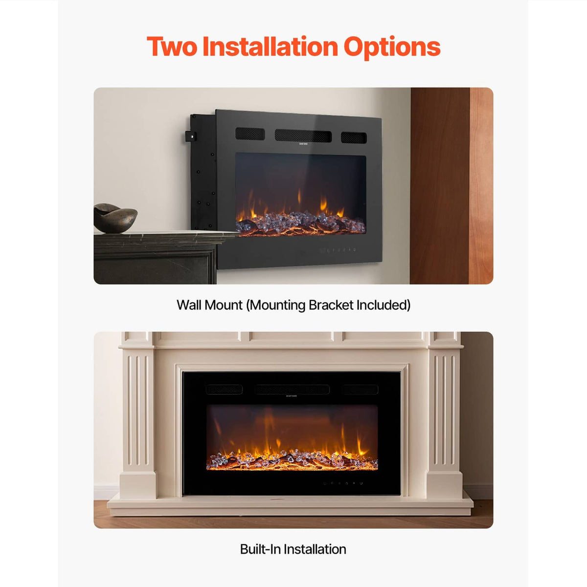 Electric fireplace with two installation options: wall mount and built-in recess