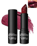 Glitter lipstick set with black tubes and wine red glitter lip swatch