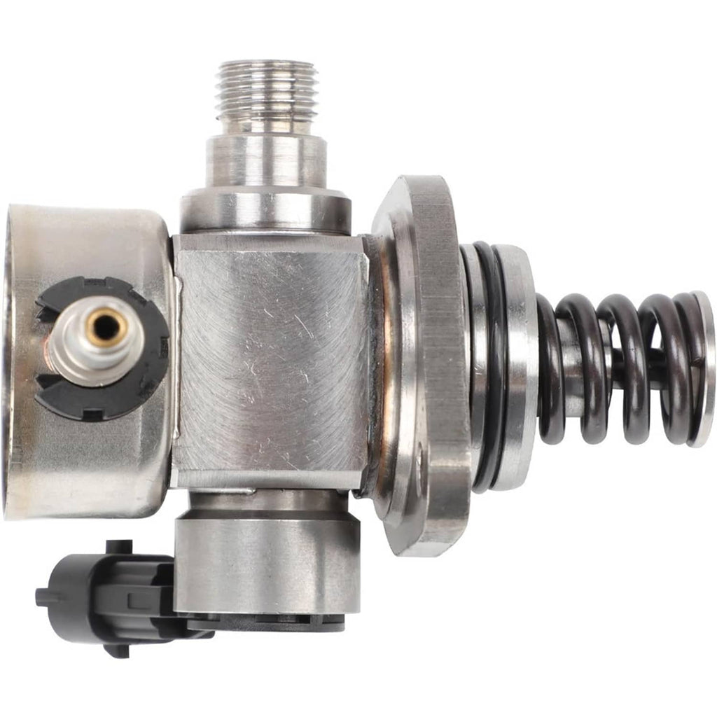 High pressure fuel pump with spring, metal housing, and mounted connector