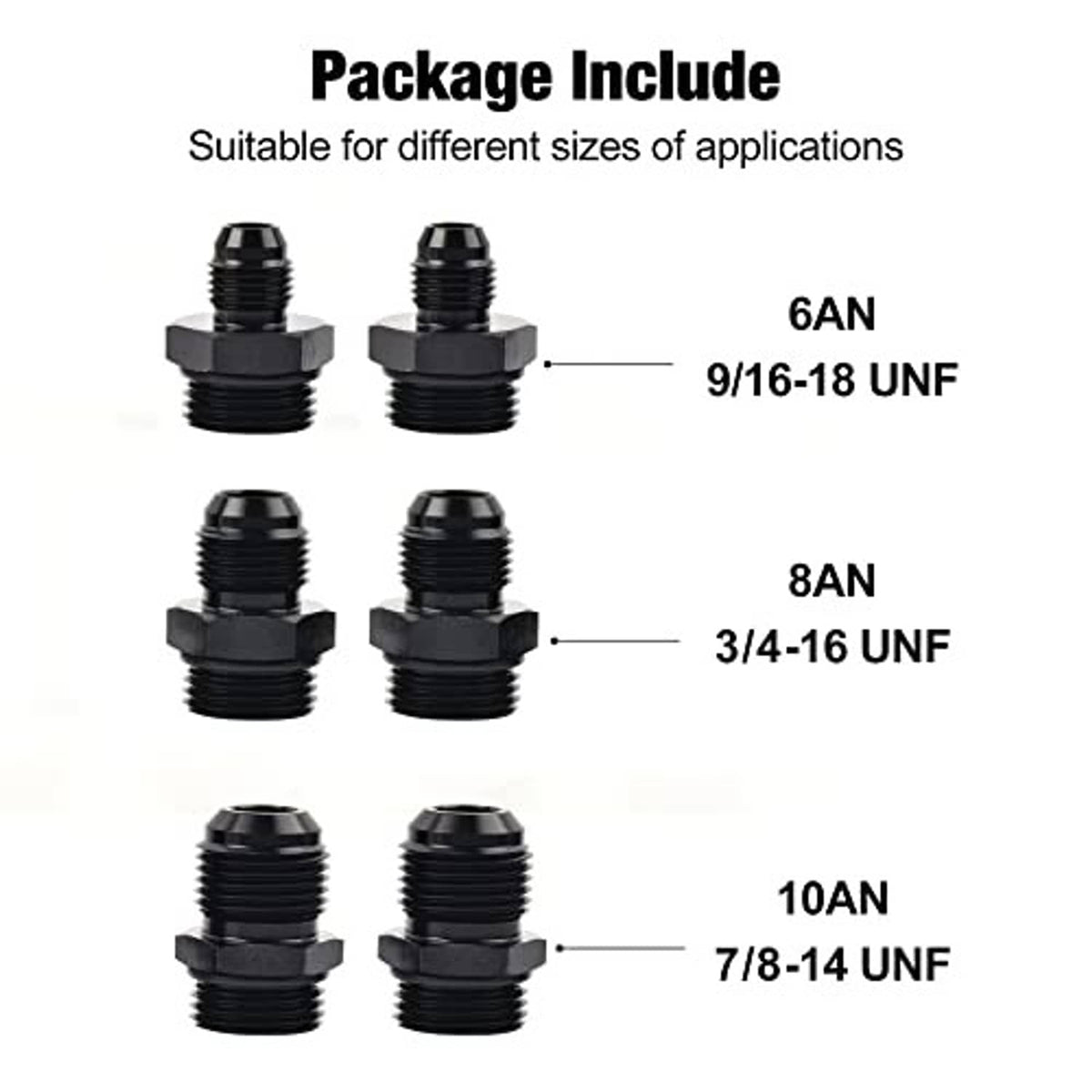 Set of black AN fuel filter adapter fittings with different thread sizes