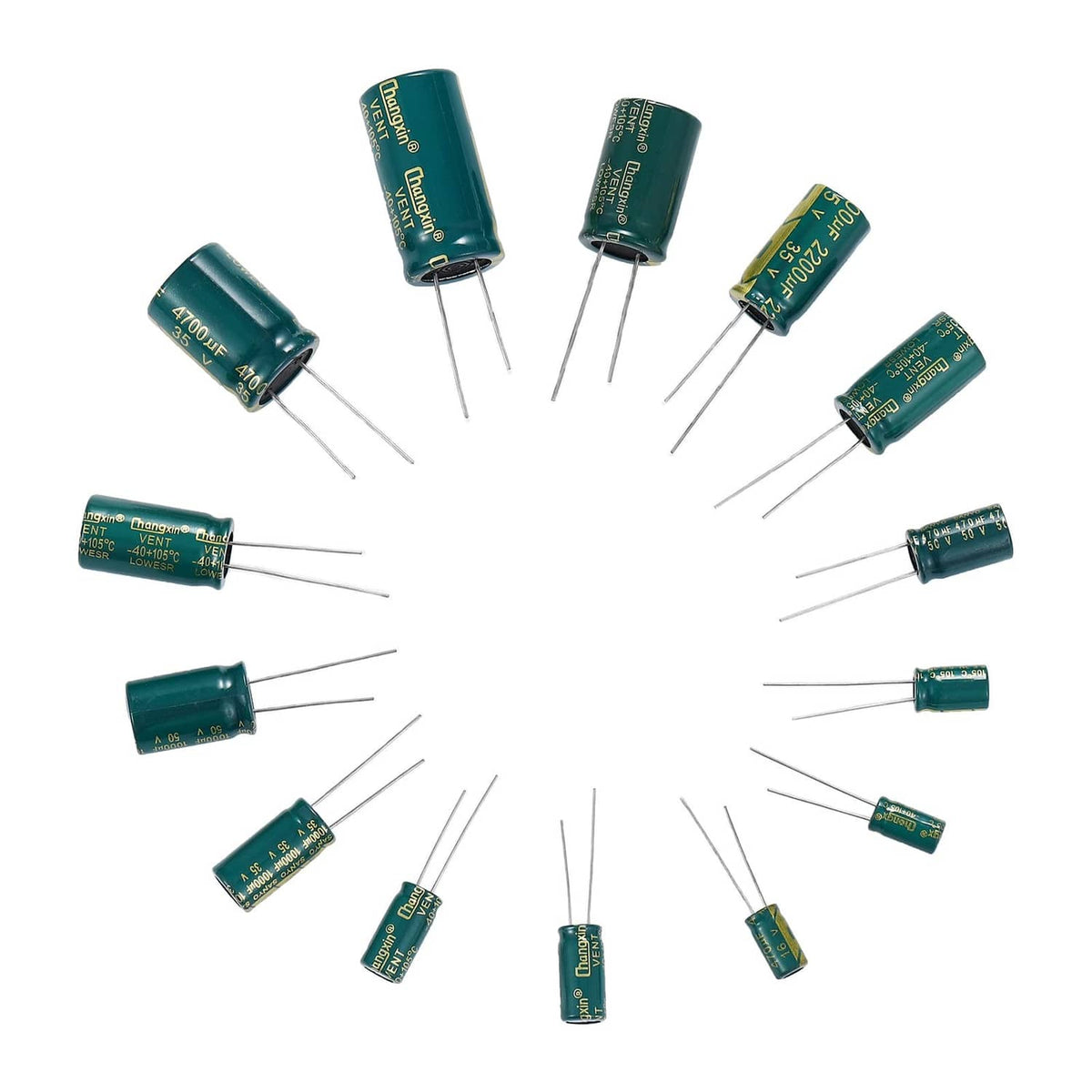 Loose aluminum electrolytic capacitors with radial leads, green cylindrical cans