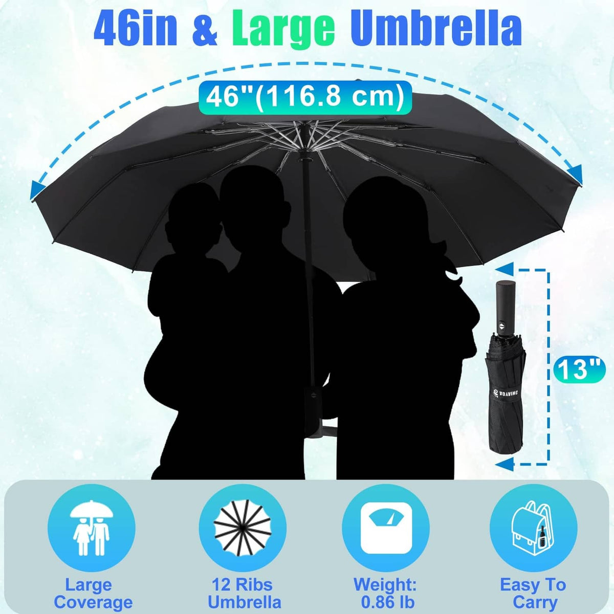 Black 46-inch large umbrella with open canopy and visible rib structure
