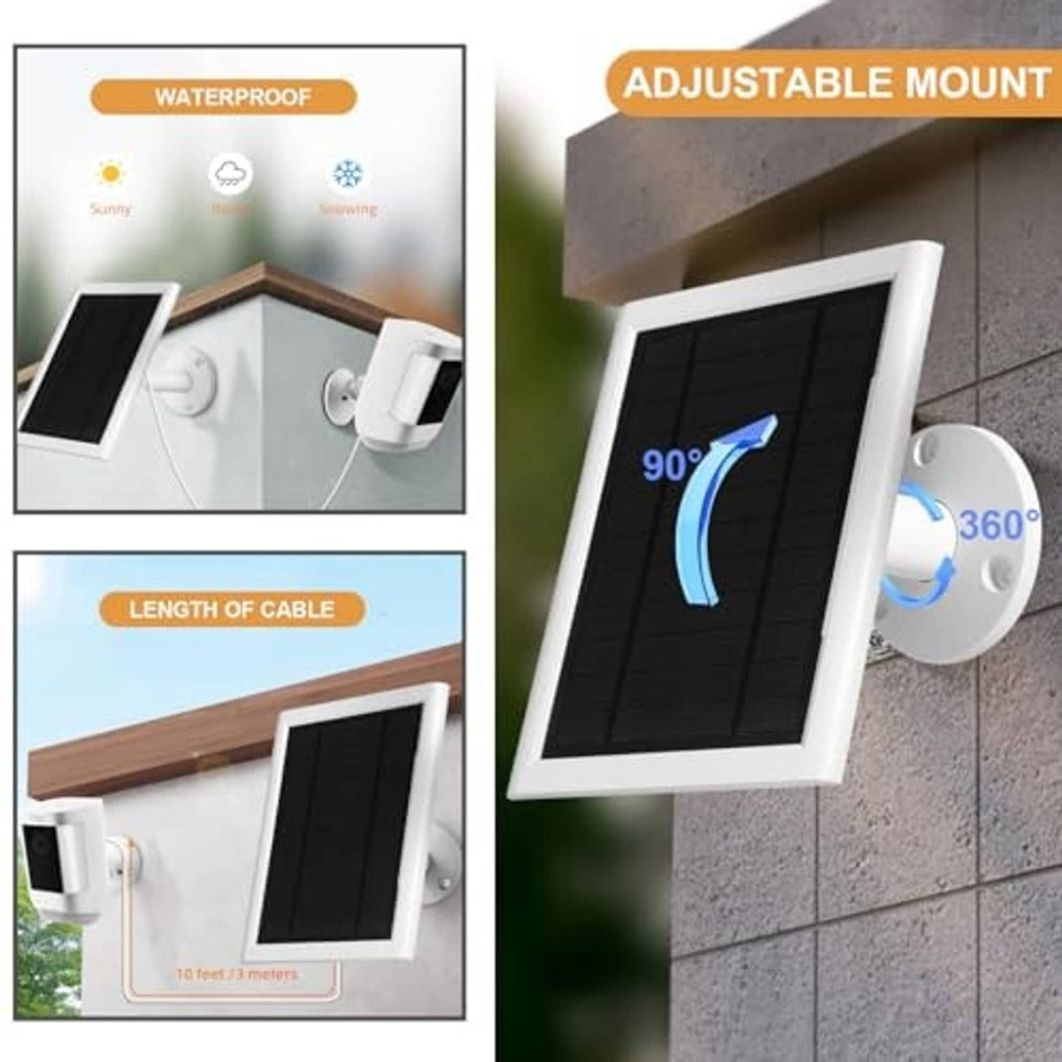 White solar panel with black photovoltaic cell and adjustable wall mounting bracket