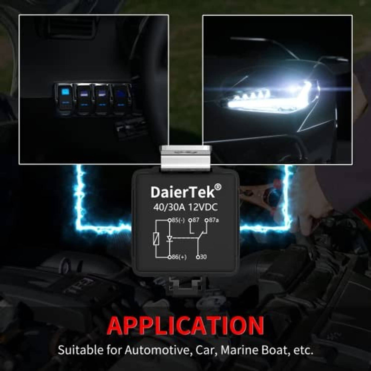 12V automotive relay module with diode, compact black control box and wiring terminals