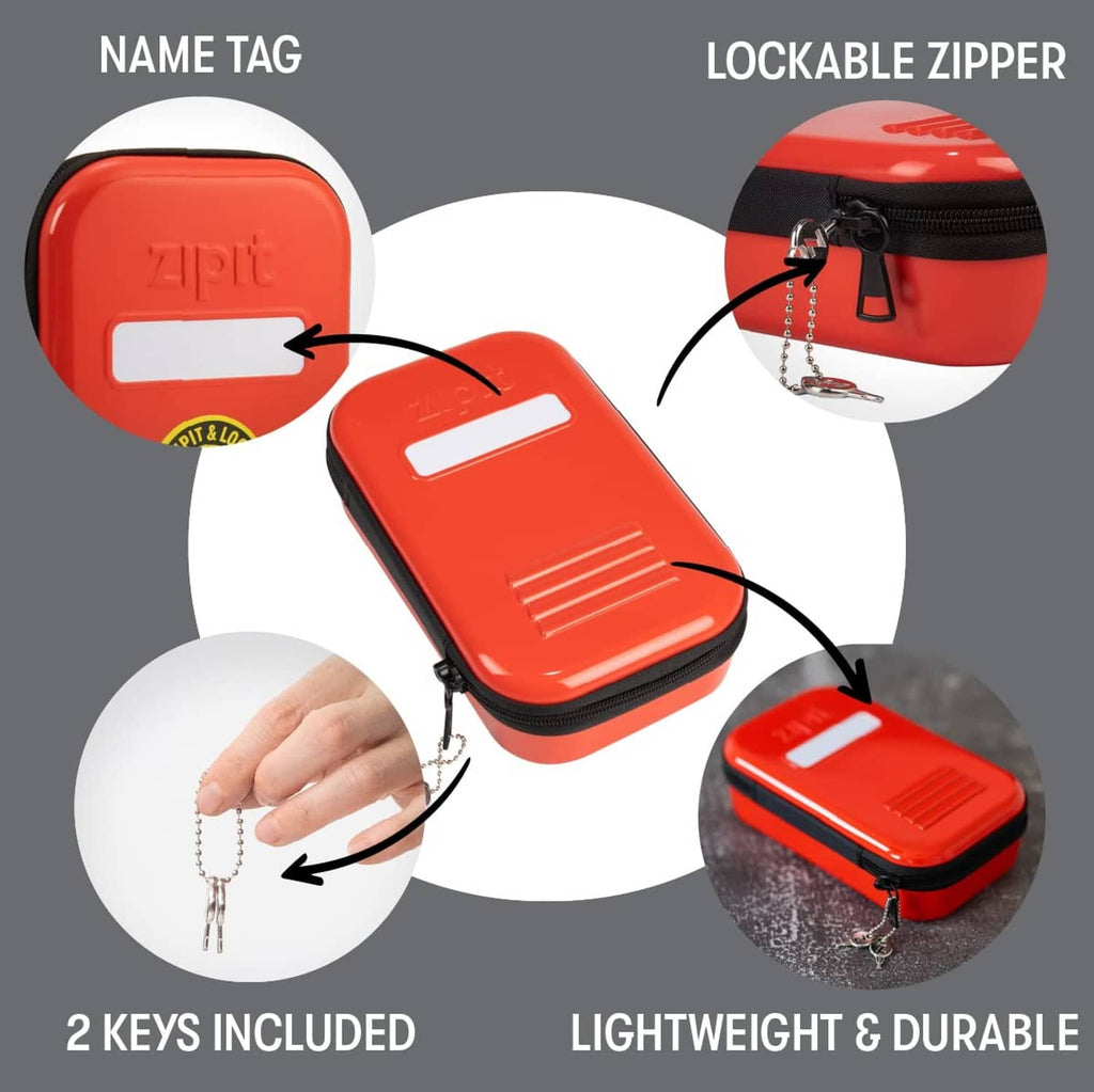Red ZIPIT lockable pencil case with name tag window and key