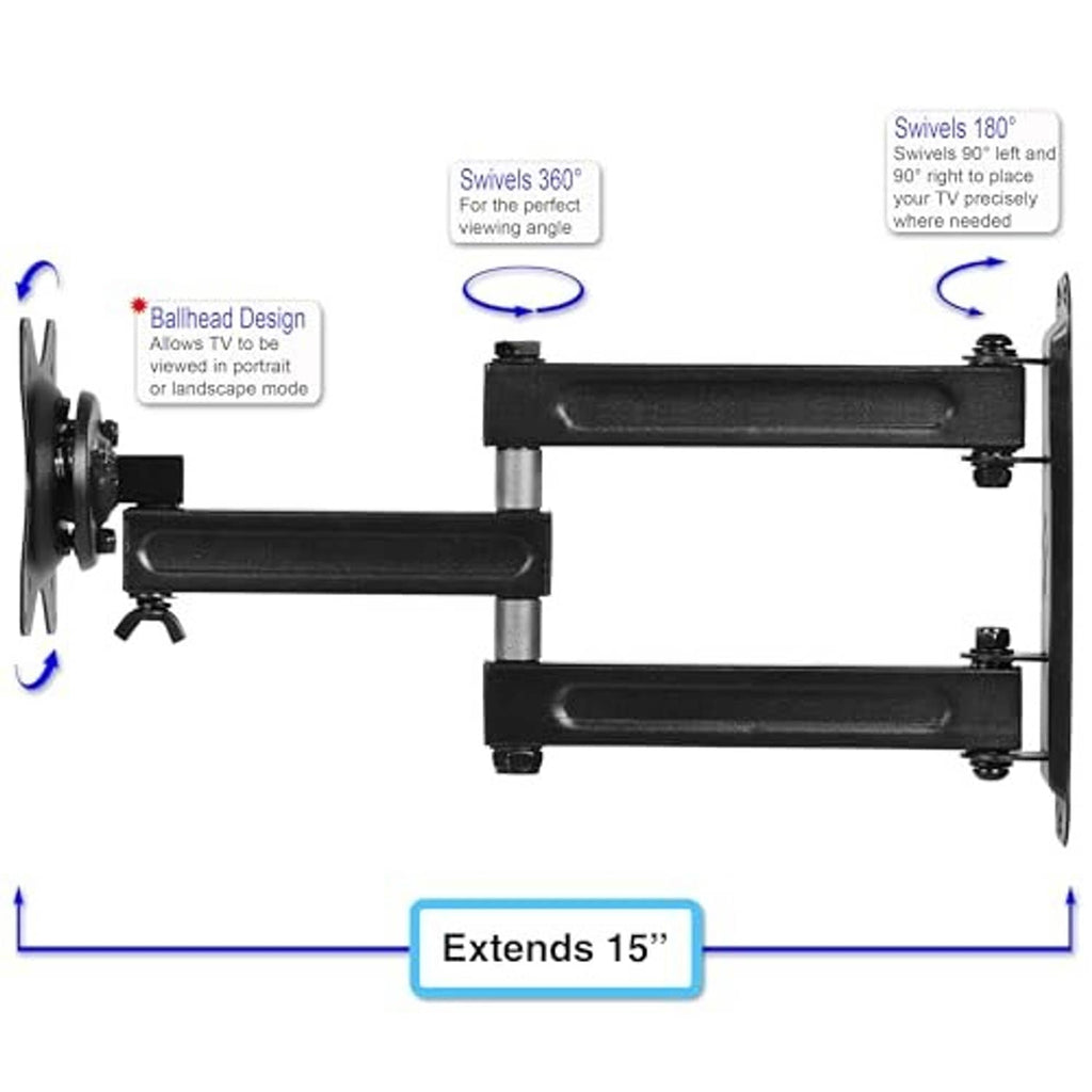 Articulating black TV wall mount with extended arms and tilt/swivel range mechanism