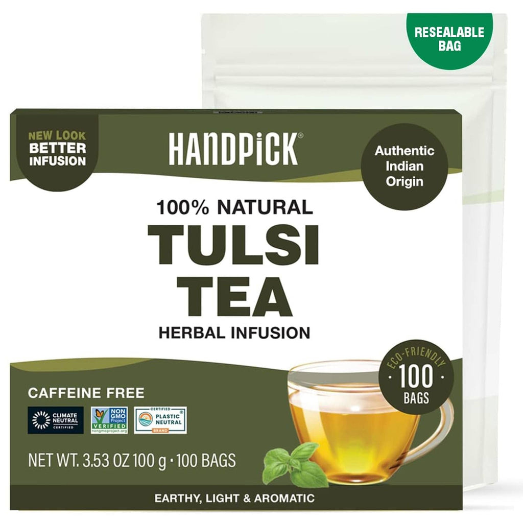 Tulsi tea herbal infusion box and resealable bag, caffeine-free, 100 tea bags