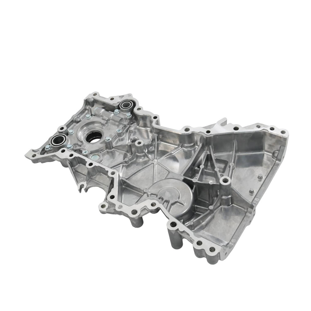 Engine timing cover oil pump assembly, silver cross-braced casting with round bearing ports and holes