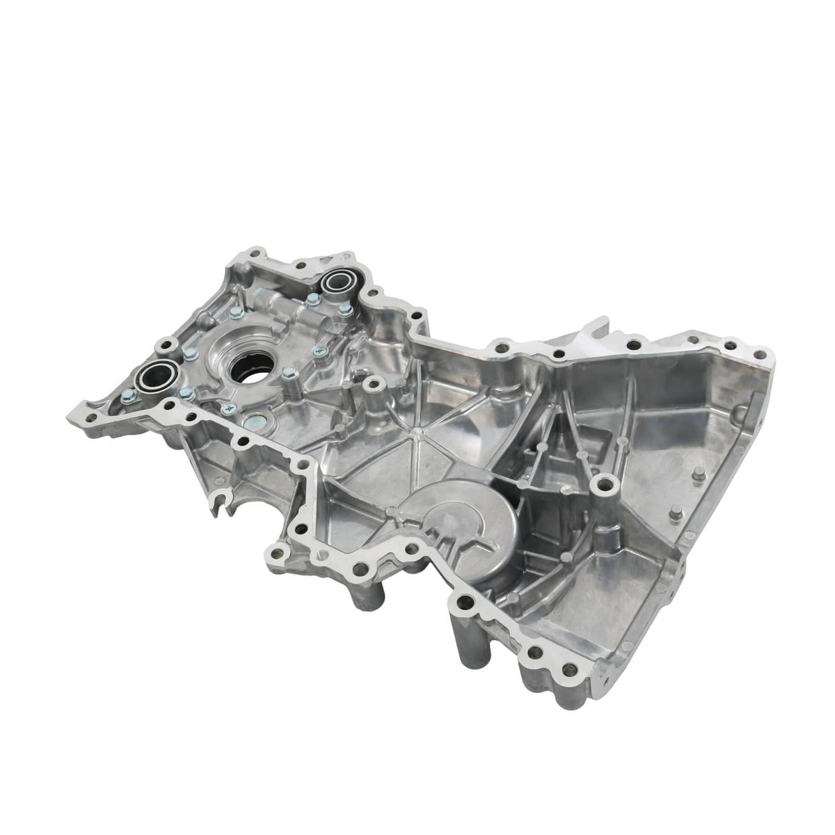 Engine timing cover oil pump assembly, silver cross-braced casting with round bearing ports and holes