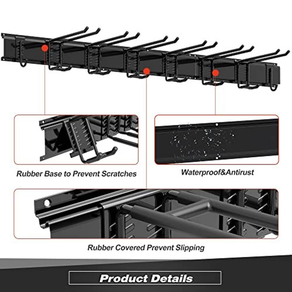 Wall storage rack system with black panels, rubber base, and anti-slip covered hooks