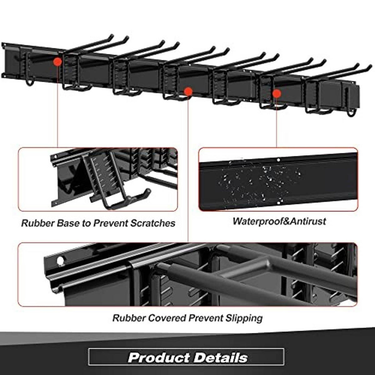 Wall storage rack system with black panels, rubber base, and anti-slip covered hooks