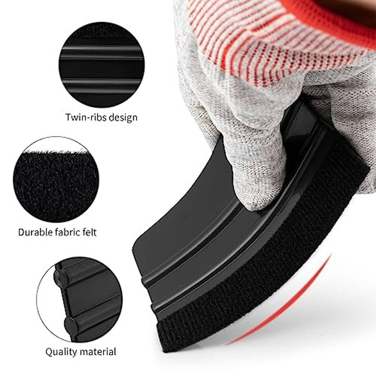 Black felt squeegee with ribbed plastic edge and curved scraper profile.
