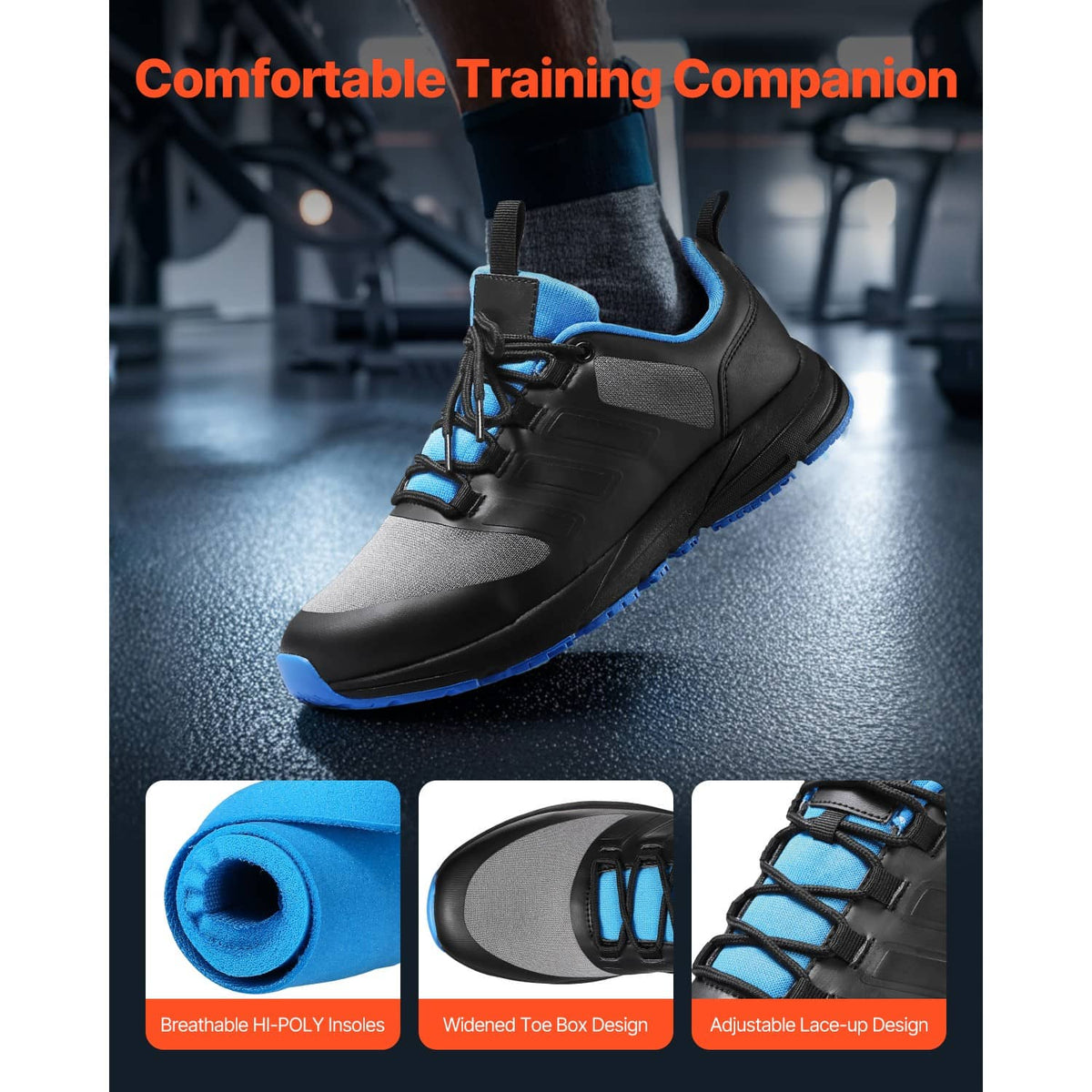 Black and gray cross-training shoe with blue accents, side view and lace-up