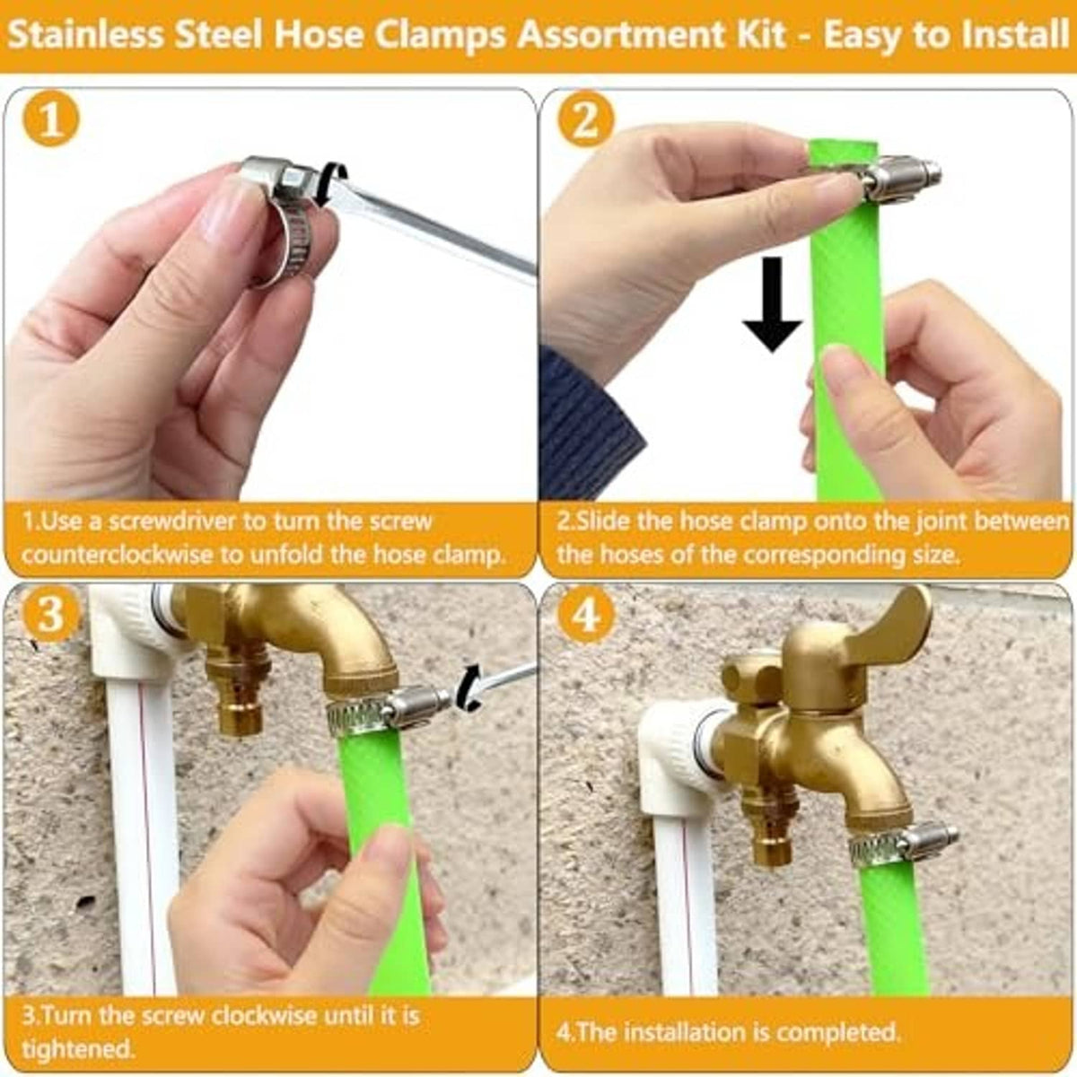 Instruction-style view of stainless steel hose clamp installation on a green hose