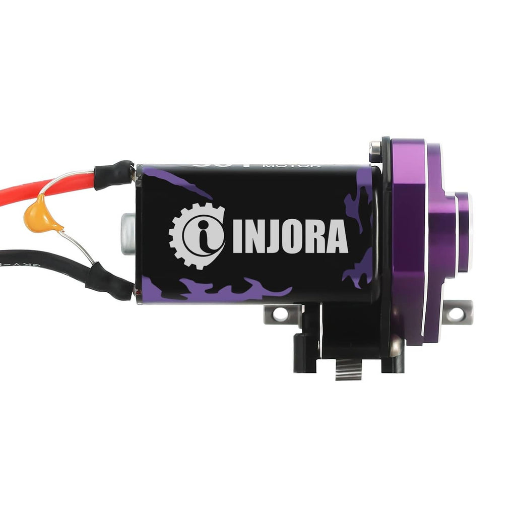 Brushed motor with complete transmission, INJORA logo on can, side mounting hardware