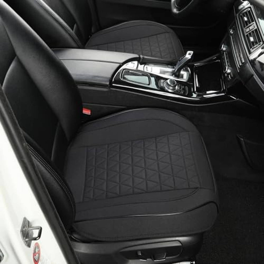 Black front seat cover pair with triangular quilt pattern and contoured fit.