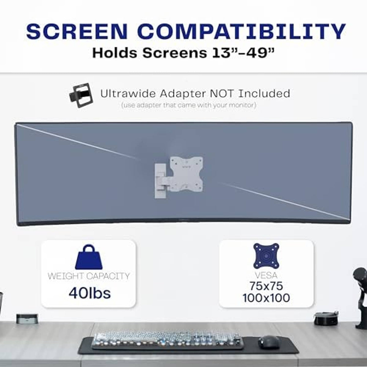 Wall monitor mount compatibility graphic for screens 13–49 with VESA 75x75–100x100