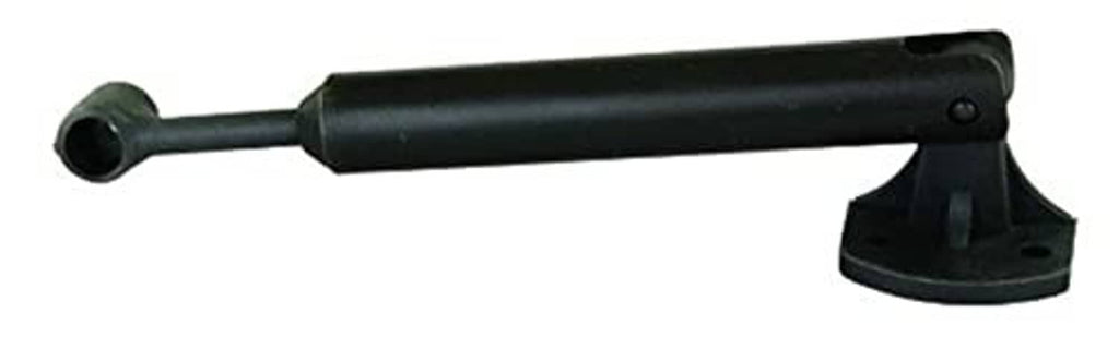 Black plastic cabinet door strut with round socket end and flat mounting base