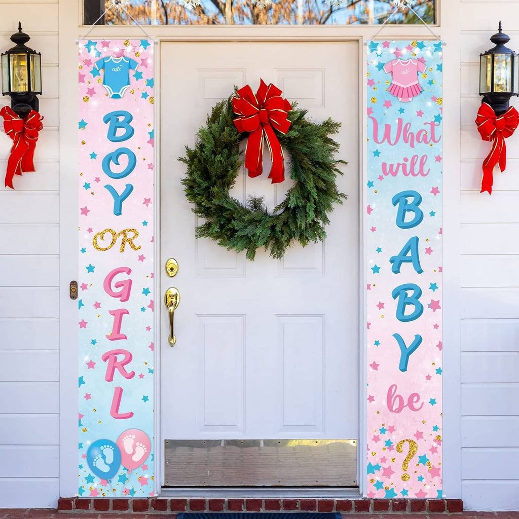 Pair of door porch banners showing "BOY OR GIRL" and "What will BABY be?"