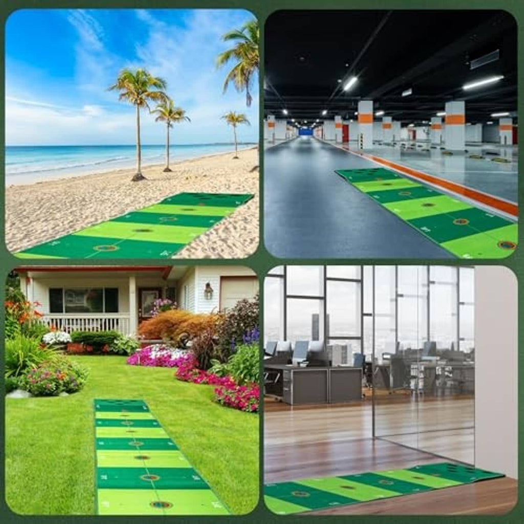 Golf putting mat with green lanes and cup holes shown for indoor and outdoor use