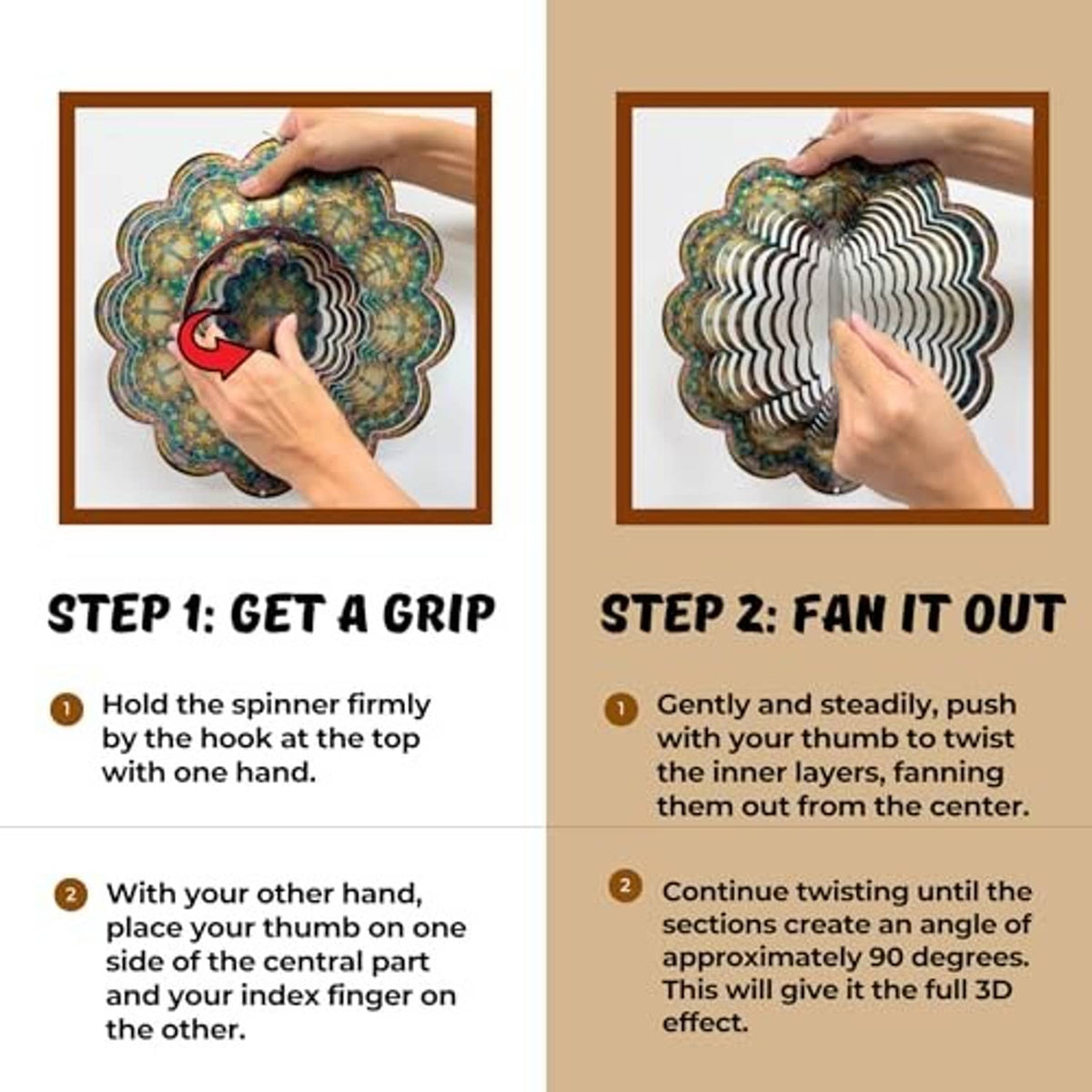 3D kinetic wind spinner steps: twist the layers until fully fanned