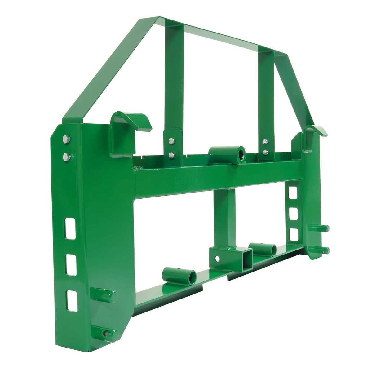 Green pallet fork frame with fork bars, side plates, and top support frame