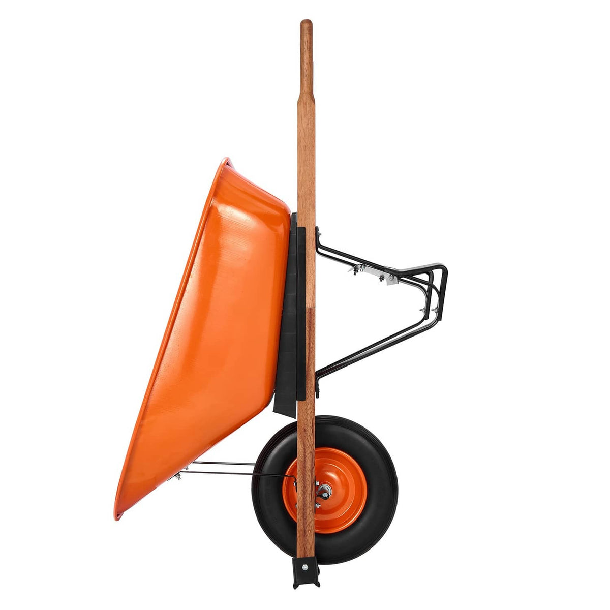 Orange garden dump cart with one wheel, black frame, and wooden handles