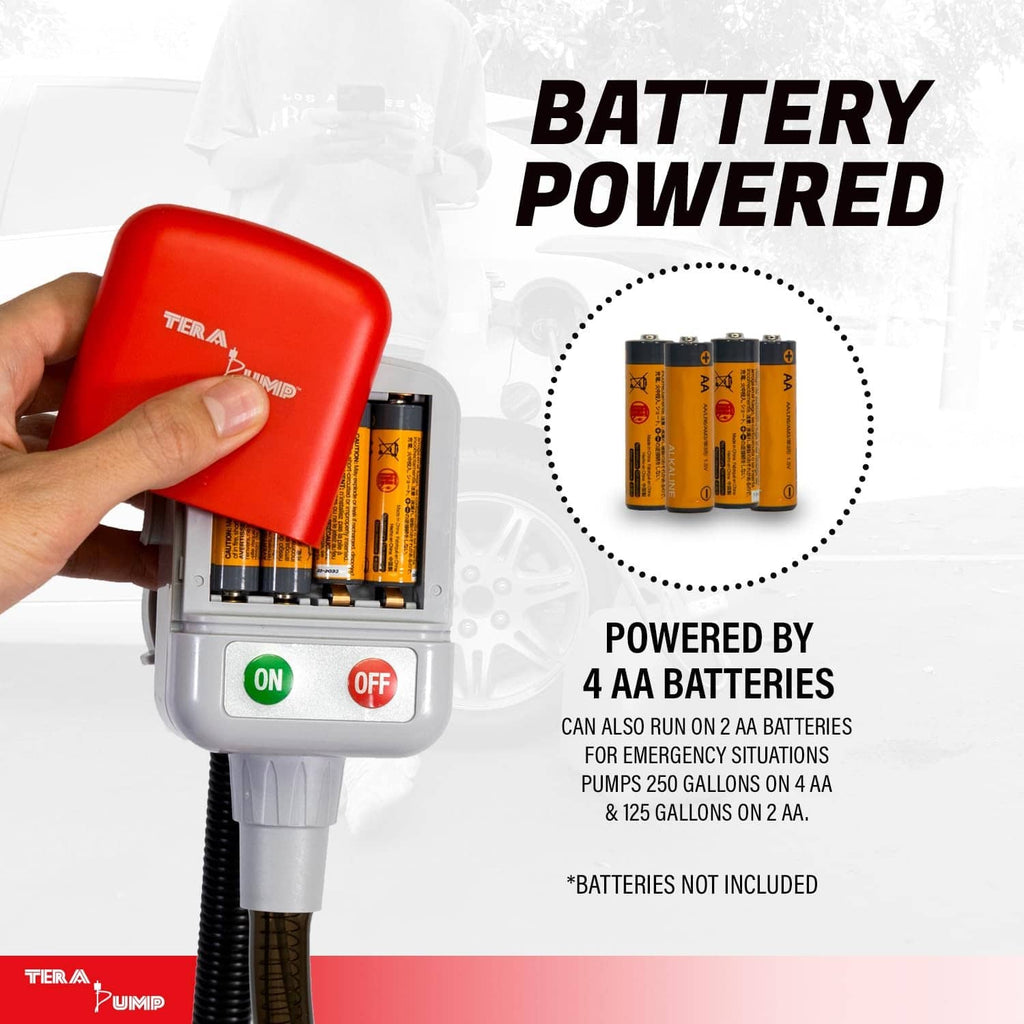 Battery-powered red fuel transfer pump with AA battery compartment