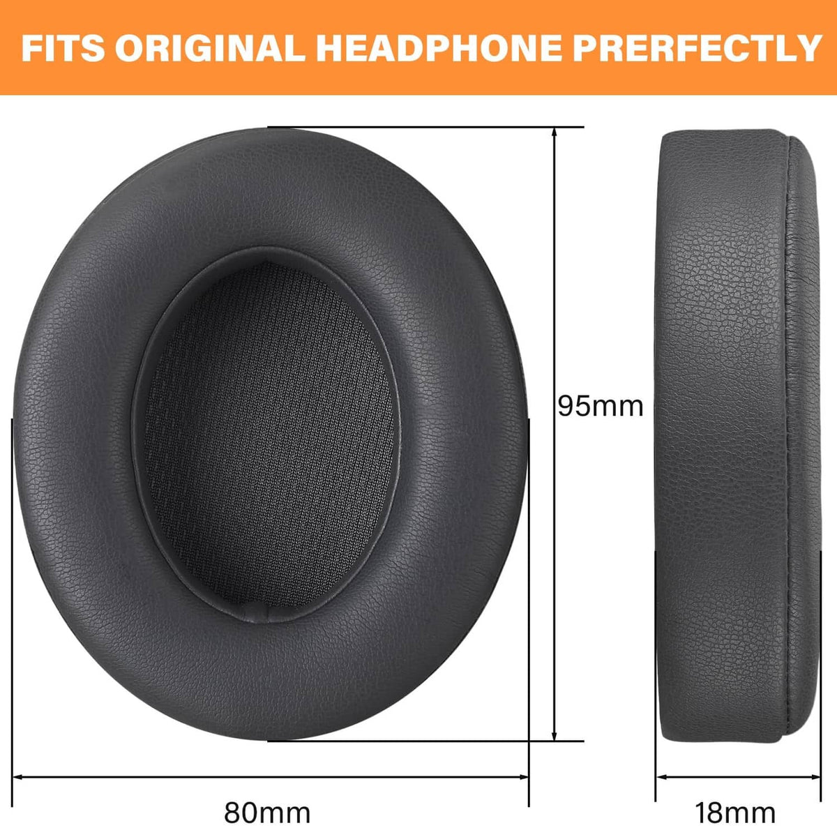 Replacement dark gray oval ear pads, measures 80 mm wide by 95 mm tall