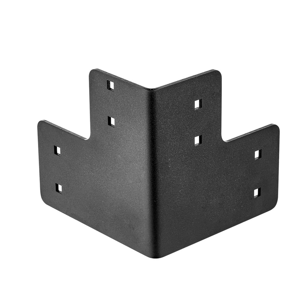 Black metal corner angle bracket with multiple predrilled mounting holes, 90-degree