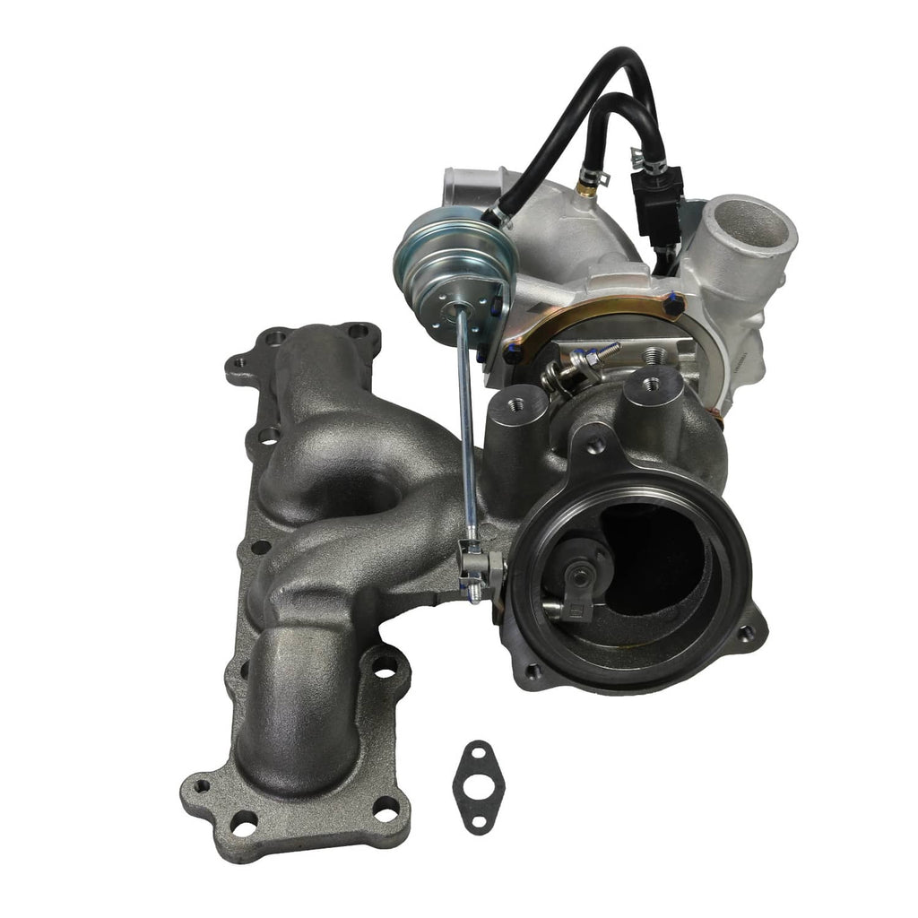 Turbocharger assembly with black intake hose, cast exhaust manifold, and mounting flange.