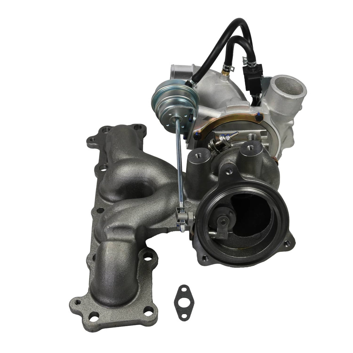 Turbocharger assembly with black intake hose, cast exhaust manifold, and mounting flange.
