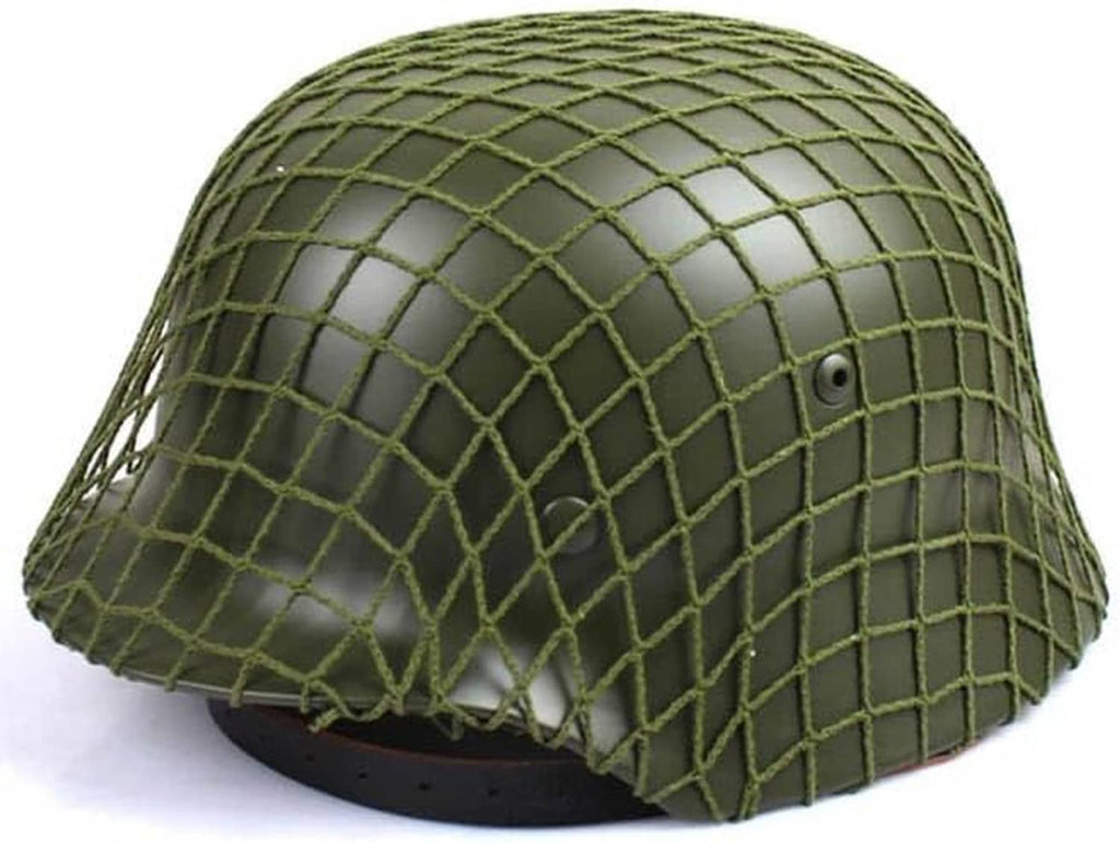 Olive green nylon mesh helmet cover with grid weave and small side eyelet