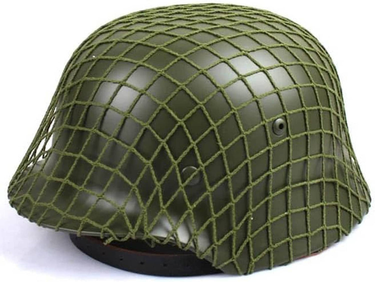 Olive green nylon mesh helmet cover with grid weave and small side eyelet