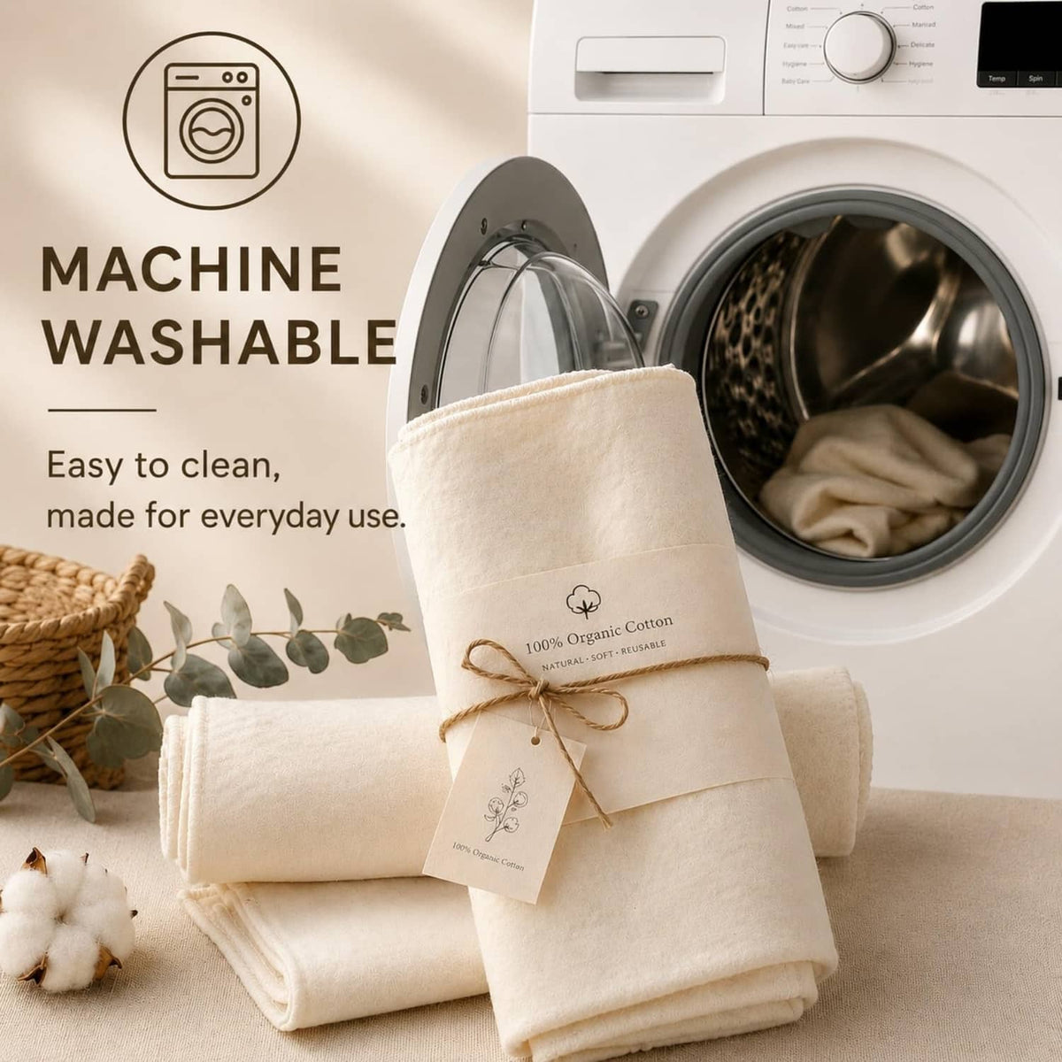 White organic cotton flannel wraps, stacked and tied with a paper tag